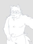 anthro arm_tuft armpit_hair barely_visible_genitalia body_hair bottomwear bulge camera clothed clothing fluffy genitals hand_on_pants holding_camera holding_object male neck_tuft pants pulling_pants_down shoulder_tuft solo topless tuft waistband_pull mrjosh47 password_(visual_novel) tyson_(password) canid canine canis mammal wolf 3:4 absurd_res digital_drawing_(artwork) digital_media_(artwork) hi_res