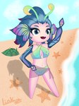 beach bikini blue_arms blue_hair breasts clothed clothing cloud fangs female green_bikini green_clothing green_eyes green_swimwear hair medium_breasts multicolored_body navel open_mouth pink_body purple_hair sand sky swimwear teeth tongue two-piece_swimsuit water linkzzz league_of_legends riot_games teamfight_tactics tencent nixie_(lol) humanoid scuttle_crab absurd_res digital_media_(artwork) hi_res