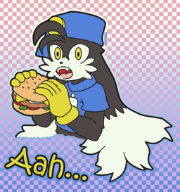 anthro black_body black_fur blue_clothing blue_hat blue_headwear blue_shirt blue_topwear burger checkered checkered_background clothing eating eating_food fangs food fur gloves handwear hat headgear headwear male meat open_mouth pattern_background shirt simple_background solo teeth text topwear white_body white_fur yellow_clothing yellow_eyes yellow_gloves yellow_handwear young young_anthro young_male bisonvega bandai_namco klonoa_(series) klonoa domestic_cat felid feline felis mammal 2021