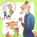 anthro badge belt clothed clothing duo female food green_eyes happy holding_food holding_object male necktie orange_eyes pawpsicle police popsicle simple_background smile uniform young sagara_shino disney zootopia judy_hopps nick_wilde canid canine fox lagomorph leporid mammal rabbit red_fox true_fox 1:1 2016 signature