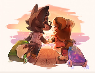 anthro beach brown_body brown_fur clothing duo eyebrows eyes_closed eyewear floor fur glasses hair hand_holding long_hair open_mouth pawpads paws pointy_ears prick_ears rear_view sea seaside shirt simple_background sky smile snout star suitcase sun sunset tail topwear uwu walking water wheel white_background wood wood_floor ulitochka animal_crossing nintendo dashik_(ulitochka) ailurid canid canine mammal red_panda 2019