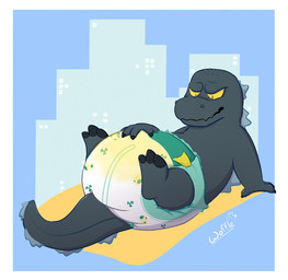 3_toes ambiguous_gender angry anthro back_spikes bodily_fluids border city city_background claws clothed clothing diaper diaper_only feet finger_claws genital_fluids geometric_background grey_body grey_tail hand_on_diaper lying narrowed_eyes on_back simple_background solo spikes spikes_(anatomy) tail toe_claws toes topless touching_diaper unclean_diaper urine used_diaper wearing_diaper wet_diaper white_border yellow_eyes woffleboom godzilla_(series) toho godzilla kaiju reptile scalie 2024 absurd_res hi_res signature