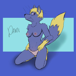 anthro blue_body blue_fur breasts clothed clothing clothing_pull dipstick_tail female fur gloves_(marking) kneeling leg_markings looking_at_viewer markings nipples panties panty_pull pink_clothing pink_nipples pink_underwear purple_eyes purple_sclera socks_(marking) solo tail tail_markings topless underwear underwear_pull whiskers yellow_paws templar_ponyboy dawn_(templar_ponyboy) canid canine fox mammal 1:1 hi_res trans_(lore) trans_woman_(lore)