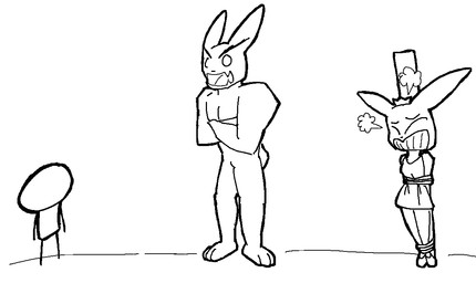 anthro arms_tied bound crown female group headgear legs_tied male muscular princess royalty stick_figure trio anonymous_artist 4chan save_the_princess anon human lagomorph leporid mammal rabbit black_and_white monochrome