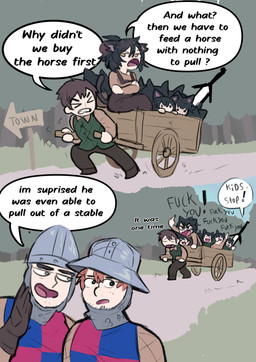 cart female male melee_weapon mocking scar speech_bubble sword text vehicle wagon weapon japversus ounce_(japversus) wiss_(japversus) animal_humanoid cat_humanoid felid felid_humanoid feline feline_humanoid human humanoid mammal mammal_humanoid absurd_res hi_res father_(lore) father_and_child_(lore) mother_(lore) mother_and_child_(lore) parent_(lore) parent_and_child_(lore)