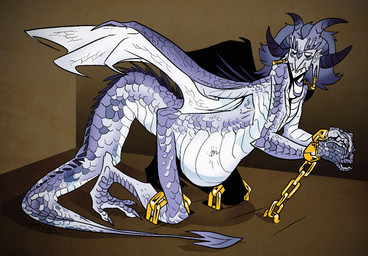 abdominal_bulge anthro bdsm bondage bound brown_background chain chained claws countershading ear_piercing fully_inside hand_imprint horn imprint kneeling looking_down male membrane_(anatomy) membranous_wings nude piercing purple_body purple_scales scales sharp_teeth side_view simple_background solo spade_tail tail teeth unseen_prey vore white_body white_countershading wing_claws wings haifisch_ehrlich mythology dragon mythological_creature mythological_scalie scalie digital_media_(artwork)