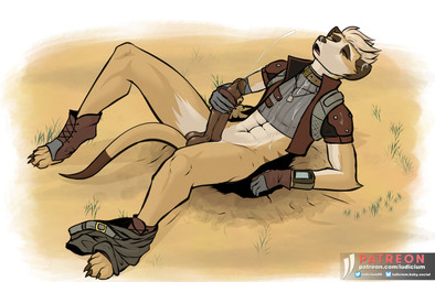 anthro blonde_hair bodily_fluids clothed clothing crop_top cum genital_fluids genitals hair hole_(pit) humanoid_genitalia male masturbation outside pants_around_ankle partially_clothed shirt slim solo topwear iudicium86 combat_cat_studio wild_assault uly_(wild_assault) herpestid mammal meerkat hi_res