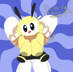 antennae_(anatomy) anthro anthrofied big_breasts black_eyes blonde_hair blush bottomwear breasts clothing clothing_pull female fur hair inverted_nipples looking_at_viewer nipples open_mouth pants pokemorph presenting presenting_breasts scarf shirt shirt_pull smile solo tongue topwear topwear_pull white_bottomwear white_clothing white_face white_pants wide_hips wings yellow_body yellow_fur kyoyasanda nintendo pokemon mivi_(kyoyasanda) arthropod bee generation_7_pokemon hymenopteran insect pokemon_(species) ribombee 2019 digital_media_(artwork)