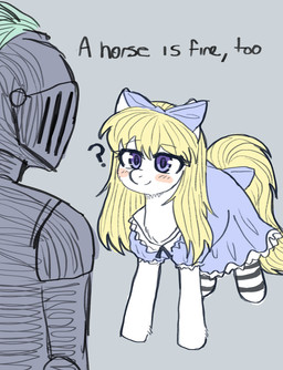 accessory armor blonde_hair blue_bow_ribbon blue_clothing blue_dress blue_sundress bow_ribbon centered_hair_bow closed_smile clothed clothed_female clothed_feral clothed_human clothed_male clothing dress duo eyebrow_through_hair eyebrows faceless_character faceless_human faceless_male female female_feral female_focus feral feral_focus footwear full_armor fully_clothed fully_clothed_human fully_clothed_male fur furgonomics glistening glistening_eyes grey_background hair hair_accessory hair_bow hair_ribbon headgear helmet legwear long_hair male male_human mouth_closed pattern_clothing pattern_footwear pattern_legwear pattern_socks plate_armor plume ponification purple_eyes quadruped question_mark ribbons simple_background slim_female slim_feral slim_human slim_male smile smiling_at_another snout socks solo_focus standing striped_clothing striped_footwear striped_socks stripes sundress tail tail_accessory tail_bow tail_ribbon text translucent translucent_hair white_body white_fur yellow_tail young young_female young_feral 4chan_anon unknown_artist a_cat_is_fine_too black_souls_(game) hasbro my_little_pony alice_(black_souls) grimm_(black_souls) equid equine horse human mammal pony 2023 crossover digital_drawing_(artwork) digital_media_(artwork) english_description english_text meme