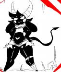 anthro bottomwear clothing denim denim_clothing female glistening hands_on_hips heart_symbol horn long_ears midriff shorts smile solo spade_tail tail kiseff bibi_(o-den) demon imp mammal black_and_white_and_red