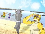 anthro beach clothed clothing detailed_background eyebrows eyewear goggles group male outside pecs sand seaside sky speedo splash summer swimming_trunks swimwear thick_eyebrows topless water paomer morenatsu kounosuke_(morenatsu) kouya_(morenatsu) shin_(morenatsu) torahiko_(morenatsu) canid canine canis domestic_cat domestic_dog felid feline felis husky mammal nordic_sled_dog pantherine raccoon_dog spitz tanuki tiger 2016 4:3 colored