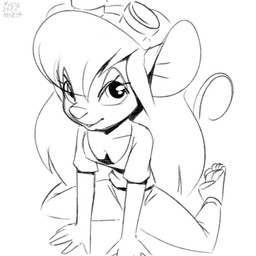 anthro clothed clothing female hair long_hair looking_at_viewer simple_background sitting smile solo spread_legs spreading tail white_background xylas chip_'n_dale_rescue_rangers disney gadget_hackwrench mammal mouse murid murine rodent 1:1 2020 monochrome sketch
