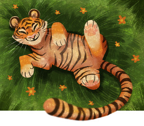 ambiguous_gender eyes_closed feral flower fur pawpads paws plant quadruped smile solo striped_body striped_fur stripes tail whiskers nini_(artist) felid mammal pantherine tiger 2015 hi_res
