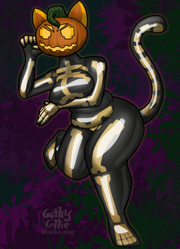 anthro breast_squish breasts female food for_a_head fruit glowing glowing_eyes holding_breast humanoid_hands looking_at_viewer markings plant pumpkin pumpkin_head skeleton_(marking) slightly_chubby slightly_chubby_anthro slightly_chubby_female solo squish standing tail thick_thighs gothycollie epic_games fortnite fortnite:_battle_royale spice_(fortnite) felid feline mammal object_head 2025 digital_drawing_(artwork) digital_media_(artwork) hi_res
