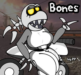 anthro bone bulge herm intersex motorcycle screencap screencap_background sharp_teeth skeleton solo teeth vehicle white_body yellow_eyes skeletonhearts mario_bros mario_kart mario_kart_world nintendo bones_(skeletonhearts) aquatic fish fish_bone_(mario) hi_res