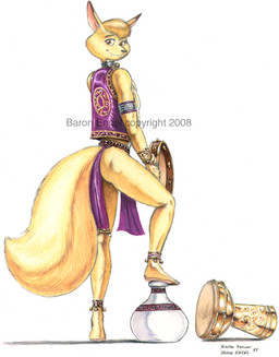 anthro bottomwear clothed clothing container dancer_outfit drum fox_tail fur jar jewelry loincloth looking_at_viewer male musical_instrument percussion_instrument plantigrade simple_background smile solo tail tambourine tan_body tan_fur topwear vest baron_engel abdul_(baron_engel) canid canine fennec_fox fox mammal true_fox 1999 2008 signature traditional_media_(artwork) watermark