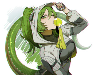 blowing_bubble_gum breasts chewing_gum clothing female fingerless_gloves gloves green_eyes hair hair_between_eyes handwear hood jacket looking_at_viewer looking_up looking_up_at_viewer medium_breasts ponytail solo tail topwear misg1111 arknights arknights_endfield hypergryph studio_montagne fluorite_(arknights) animal_humanoid humanoid reptile reptile_humanoid scalie scalie_humanoid snake_humanoid colored digital_drawing_(artwork) digital_media_(artwork) hi_res shaded