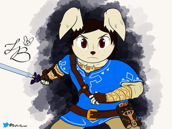 anthro black_hair bottomwear clothed clothing fingerless_gloves fur gloves hair handwear holding_melee_weapon holding_object holding_sword holding_weapon looking_at_viewer male master_sword melee_weapon pants red_eyes sheikah_slate shirt solo sword tablet_computer topwear tunic weapon white_body white_fur lunarbiskuits breath_of_the_wild nintendo the_legend_of_zelda fan_character lagomorph mammal 4:3 hi_res