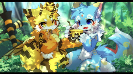 4_fingers anthro biped black_bars black_markings blue_body blue_eyes blue_fur blush blush_lines chest_tuft cutlery dappled_light day duo eating eating_food fangs fingers fluffy fluffy_tail food forest forest_background fur fur_markings honey_(food) kemono kitchen_utensils kneeling komorebi light male markings nature nature_background neck_tuft open_mouth outside plant sitting spoon spoon_in_mouth sunlight tail teeth text tools tree tuft yellow_body yellow_eyes yellow_fur yellow_markings hlg7777 canid canine canis mammal wolf 2023 cel_shading chinese_description digital_drawing_(artwork) digital_media_(artwork) english_text letterbox shaded translated_description wallpaper