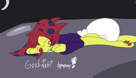 bodily_fluids clean_diaper clothed clothing diaper drooling light moon moonlight night on_ground outside saliva sleeping star wearing_diaper srcfur stomach_book caroline_(stomach_book) absurd_res hi_res