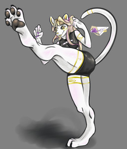 anthro black_sclera bottomwear breasts claws cleavage_cutout clothing cutout egyptian exercise feet female kick looking_at_viewer on_one_leg pawpads paws shorts simple_background smile solo standing toe_claws topwear yellow_eyes edioretysa domestic_cat felid feline felis mammal hi_res
