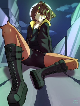 anthro black_boots black_bottomwear black_clothing black_footwear black_jacket black_shoes black_shorts black_topwear boots bottomwear brown_body brown_fur brown_hair bulge city clothed clothing cloud femboy footwear fur green_clothing green_eyes green_footwear green_horn grin hair horn jacket looking_at_viewer looking_down male male_anthro moon multicolored_body night outside shirt shoes shorts sitting sky smile solo spandex spread_legs spreading teeth tight_clothing topwear white_body white_fur yellow_clothing neo_arts hybrid mammal 3:4 absurd_res hi_res