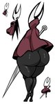 anthro big_butt black_body bottom_heavy butt cloak clothing female holding_object holding_weapon huge_butt rear_view simple_background solo thick_thighs weapon white_background white_body wide_hips nanodude78 hollow_knight team_cherry hornet_(hollow_knight) arthropod insect hi_res