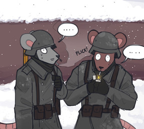 anthro armor bodily_fluids cigarette clothing duo lighter male male/male military_uniform smoking snow sweat tail toony uniform whiskers wide_eyed tianiseul mammal mouse murid murine rodent hi_res