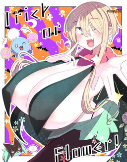 :3 ambiguous_gender big_breasts blonde_hair blue_eyes blush breast_curtains breasts cosplay female group hair heart_symbol holidays huge_breasts long_hair one_eye_closed open_:3 open_mouth outline smile standing text thong_straps trio white_outline wink kuyu730 halloween nintendo pokemon generation_2_pokemon generation_9_pokemon human jumpluff mammal meowscarada pokemon_(species) english_text hi_res