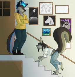 all_fours anthro biped clothed clothing duo female fur grumpy hair inside male picture_frame raised_tail running smile standing tail grumpy_griffin_creations canid canine canis mammal rodent sciurid tree_squirrel wolf 2022 absurd_res digital_media_(artwork) hi_res