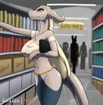 big_breasts breasts clothed clothing female glistening glistening_breasts glistening_thighs hair hip_chain hipless_clothing midriff navel no_underwear purse shopping silver_skin skimpy store under_boob white_hair yellow_eyes feretta mythology mis'alia draako dragon mythological_creature mythological_scalie scalie silver_dragon hi_res