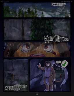 anthro bodypaint bottomwear cave clothed clothing crotch_tuft fur loincloth loincloth_only male markings melee_weapon onomatopoeia outside polearm raining solo sound_effects spear speech_bubble storm text topless tribal tribal_markings tuft weapon wet wet_body wet_fur spruceloops felid lion mammal pantherine absurd_res comic hi_res pictographics