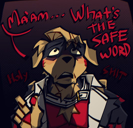 anthro big_penis clothed clothing collar embarrassed erection feathered_wings feathers fur genitals gynomorph hair intersex intersex/male male penis shocked teeth text wings amiyourhiro ozzie_the_dawg avian bird bird_dog canid canine canis domestic_dog finch golden_retriever hunting_dog mammal oscine passerine retriever true_bullfinch hi_res