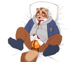 anthro blush brown_body brown_fur bulge butt clothing eyewear footwear fur glasses hoodie kemono lying male necktie orange_clothing orange_underwear overweight overweight_anthro overweight_male pillow shirt socks solo topwear underwear ryuta-h canid canine mammal raccoon_dog tanuki 2016