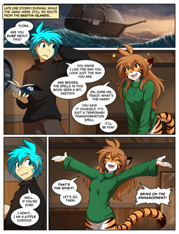 5_fingers anthro biped blue_hair border bottomless bottomless_anthro bottomless_female bottomwear breasts brown_hair clothed clothed_anthro clothed_female clothed_human clothed_male clothing dialogue duo female fingers fully_clothed fully_clothed_human fully_clothed_male fur hair male male_human orange_body orange_fur orange_tail partially_clothed partially_clothed_anthro partially_clothed_female speech_bubble tail text topwear white_border conditional_dnp tom_fischbach twokinds flora_(twokinds) trace_legacy felid human keidran mammal pantherine tiger 2025 comic english_text hi_res