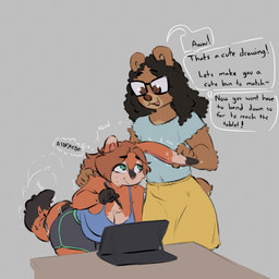 anthro big_breasts bottomwear breasts brown_body brown_fur brown_hair clothing dialogue duo ear_grab embarrassed eyewear female fur glasses grey_background hair holding_tablet_pen looking_down looking_up simple_background skirt smile species_transformation tablet_pen tail text thought_bubble topwear transformation cinnamimi runa_ravnsdal samantha_(cinnamimi) bear lagomorph leporid mammal procyonid rabbit raccoon 1:1 2025 digital_media_(artwork) english_text hi_res herm_(lore)