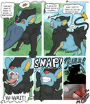 absurd_res ambiguous_feral ambiguous_gender arkailart black_body black_fur blue_body blue_fur comic detailed_background dialogue digital_media_(artwork) duo english_text felid feral feral_pred fur generation_4_pokemon hand_in_mouth hi_res human human_prey luxray mammal mouth_shot nintendo open_mouth oral_vore pokeball pokemon pokemon_(species) red_sclera speech_bubble standard_pokeball swallowing tail teeth text tongue tongue_out url vore yellow_eyes