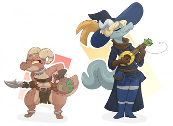 bag bottomwear cape clothing duo female hair hat headgear headwear horn knife loincloth lute male musical_instrument plucked_string_instrument shortstack shortstack_female simple_background string_instrument tail weapon backsash mythology piko_(simplifypm) pseftis_savra dragon kobold mythological_creature mythological_scalie scalie 2018 digital_media_(artwork) shaded