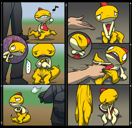 anthro biped bodily_fluids clothed clothing confusion duo embarrassed genital_fluids musical_note musical_symbol omorashi open_mouth peeing red_body simple_background size_difference smile solo_focus symbol urine wetting yellow_body crackajackin nintendo pokemon generation_5_pokemon human mammal pokemon_(species) scraggy 2010 comic digital_media_(artwork)