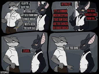 4_panel_comic 5_fingers annoyed anthro awkward big_ears biped black_body black_clothing black_fur black_hair black_nose black_shirt black_tail black_topwear bottomwear brown_bottomwear brown_clothing brown_pants button_(fastener) cheek_tuft claws clothing collared_shirt dialogue doorway duo ellipsis exclamation_point eye_bags eye_contact eye_through_hair eyebrow_through_hair eyebrows eyelashes eyelashes_through_hair eyewear facial_tuft fangs finger_claws fingers five_o'clock_shadow fluffy fluffy_tail fur gesture glasses gold_(metal) gold_button_(fastener) gold_glasses gold_jewelry gold_watch grey_body grey_fur grey_hair grey_inner_ear_fluff grey_tail hair hand_gesture hands_on_waist happy head_tuft humanoid_hands humor inner_ear_fluff jewelry long_tail looking_at_another male markings multicolored_body narrowed_eyes necktie nerd open_mouth pants pink_eyes pink_inner_ear pulling_pants_up pupils red_text sad shirt shirt_pocket short_tail slit_pupils snaggle_tooth speech_bubble suit tail teeth text topwear translucent translucent_hair tuft two_tone_body wearing_glasses white_clothing white_eyes white_markings white_necktie white_shirt white_suit white_text white_topwear worried suitedwolfie cain_(suitedwolfie) k_(suitedwolfie) bat canid canine canis mammal northwestern_wolf wingless_bat wolf 2026 artist_name comic digital_drawing_(artwork) digital_media_(artwork) english_text hi_res watermark