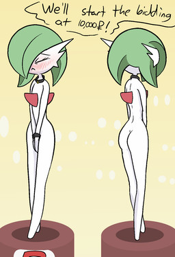 auction blush bodily_fluids bound butt collar covering covering_crotch covering_vulva embarrassed eyelashes eyes_closed featureless_chest female for_sale front_and_back front_view green_hair hair not_furry nude offscreen_character pedestal rear_view selling simple_background slave slave_auction slave_market solo standing tears thin_calves toony white_body white_skin yellow_background happy_harvey nintendo pokemon team_rocket gardevoir generation_3_pokemon humanoid pokemon_(species) 2022 digital_media_(artwork) hi_res