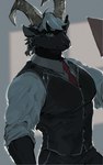 anthro black_body black_fur bottomwear clothed clothing eyewear fur glasses hair horn looking_at_viewer male muscular muscular_anthro muscular_male necktie pants shirt solo suit topwear vest white_hair ravenhelleborus lifewonders tokyo_afterschool_summoners tanngrisnir_(tas) bovid caprine goat mammal 2021 5:8 hi_res