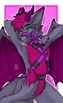 anthro bedroom_eyes breath claws collar collar_pull front_view fur green_eyes green_sclera grey_body grey_fur hair hand_behind_head harness horn male membrane_(anatomy) membranous_wings narrowed_eyes paintbrush_tail pink_hair pupils purple_claws purple_horn seductive simple_background slit_pupils solo tail wings fenneckiro mythology torrin_the_dragon dragon furred_dragon furred_scalie mythological_creature mythological_scalie scalie absurd_res digital_media_(artwork) hi_res