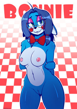 anthro areola big_breasts big_glasses black_nose blue_body blue_hair blush bow_tie bow_tie_only breasts checkered checkered_background clitoral_hood clitoris cosplay countershade_face countershade_snout countershade_torso countershading curvy_figure eyebrow_through_hair eyebrows eyelashes eyewear female genitals glasses glistening glistening_areola glistening_body glistening_eyelids glistening_hair glistening_nose green_eyes hair hands_behind_back hourglass_figure mostly_nude navel nude pattern_background pigtails pink_eyelids red_bow_tie short_ears shy_smile simple_background snout solo text thick_thighs translucent translucent_hair vulva white_breasts white_torso modernyasha annabelle_(modernyasha) glamrock_bonnie_(fnaf) lagomorph leporid mammal rabbit 2025 character_name hi_res