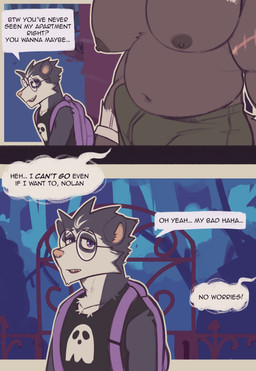 2_panel_comic anthro backpack big_muscles big_pecs black_clothing bone bottomwear bulge clothing dialogue duo eyewear glasses huge_pecs male male/male musclegut muscular muscular_anthro muscular_male navel nipples orange_eyes outside pants pecs purple_eyes round_glasses scar size_difference skull smaller_male speech_bubble text king_slabu adrian_(king_slabu) nolan_(king_slabu) american_opossum canid canine canis domestic_dog mammal marsupial spirit virginia_opossum absurd_res comic digital_media_(artwork) english_text hi_res