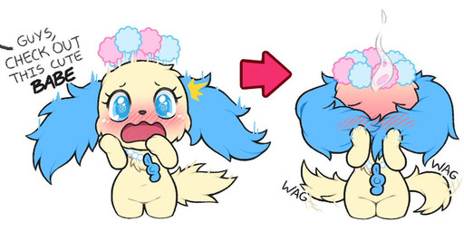 anthro blue_body blue_eyes blue_fur blush blushing_profusely covering covering_face directional_arrow embarrassed eyebrows eyelashes female flat_chested flirting flower flower_crown fluffy fluffy_ears fluffy_tail front_view fur g_clef gem hands_on_ears jewelry multicolored_body multicolored_fur musical_clef musical_symbol navel neck_tuft necklace offscreen_character open_mouth pearl_(gem) pearl_necklace plant shocked simple_background solo steam symbol tail tail_motion tailwag tan_body tan_fur text thick_thighs tuft white_background wide_hips box_(hajimeyou654) jewelpet sanrio sega sega_fave sapphie_(jewelpet) bird_dog canid canine canis cavalier_king_charles_spaniel domestic_dog hunting_dog mammal spaniel toy_dog digital_drawing_(artwork) digital_media_(artwork) english_text multiple_scenes portrait three-quarter_portrait