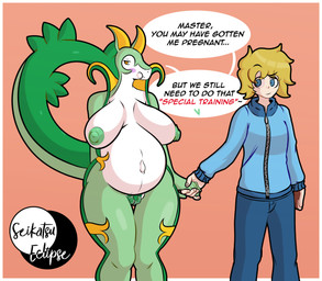 anthro areola belly big_areola big_belly big_breasts big_nipples biped blonde_hair blue_eyes blush bottomwear breasts clothed clothed/nude clothed_male clothing dialogue duo embarrassed eyebrows female fingers genitals green_areola green_body green_nipples green_vulva hair hand_holding heart_symbol interspecies inverted_nipples jacket male navel nipples nude outie_navel pregnant pregnant_anthro pregnant_female simple_background smile speech_bubble standing tail text thick_thighs topwear vulva seikatsueclipse nintendo pokemon generation_5_pokemon human humanoid mammal pokemon_(species) reptile scalie serperior absurd_res digital_drawing_(artwork) digital_media_(artwork) english_text hi_res