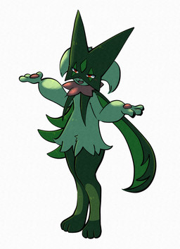 3_fingers 3_toes ambiguous_gender anthro blush feet fingers fur green_body green_fur green_hair hair open_mouth orange_eyes pawpads pink_nose solo toes momensarada nintendo pokemon generation_9_pokemon meowscarada pokemon_(species) absurd_res hi_res