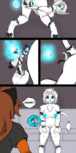 anthro anus black_sclera blush breasts butt clothed clothing duo female fur furniture genitals group hair hand_on_another's_butt hand_on_butt internal male male/female markings nipples nude penetration simple_background size_difference sofa spots spotted_body spotted_fur tail text trio unbirthing uterus vaginal vaginal_canal vore vulva nontienesentido twokinds laura_(twokinds) neon_mitsumi willow_wisp canid canine felid fox keidran lion mammal pantherine red_fox snow_leopard spirit true_fox absurd_res digital_media_(artwork) hi_res