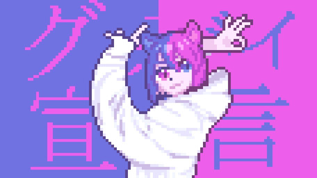 anthro clothing female gesture hair hand_gesture heterochromia hoodie humanoid_hands jacket looking_at_viewer multicolored_hair ok_sign pink_body pink_eyes pink_hair pointing pointing_up pose purple_eyes purple_hair smile solo text topwear kawaifufuko kawaifufuko_(character) animal_humanoid cat_humanoid felid felid_humanoid feline feline_humanoid humanoid mammal mammal_humanoid digital_media_(artwork) japanese_text pixel_(artwork)